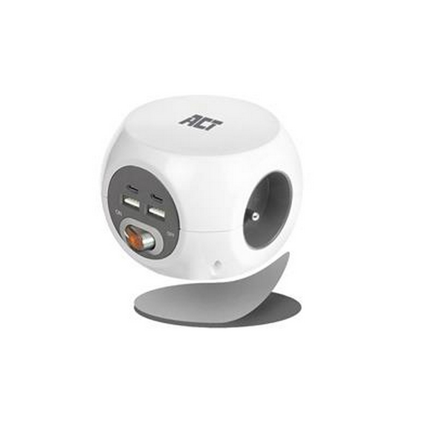White and gray power adapter with multiple outlets and USB ports. 'ACT' is written on top.
