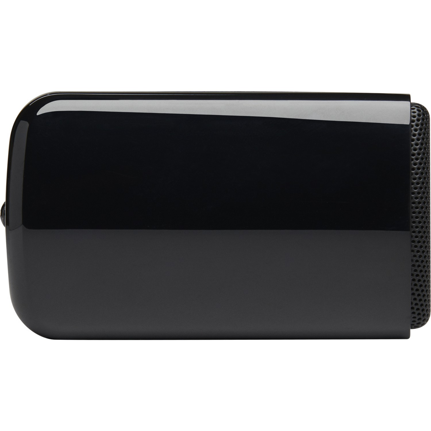 Haut-parleur JBL noir, forme rectangulaire, finition brillante, vue latérale avec grille à droite.