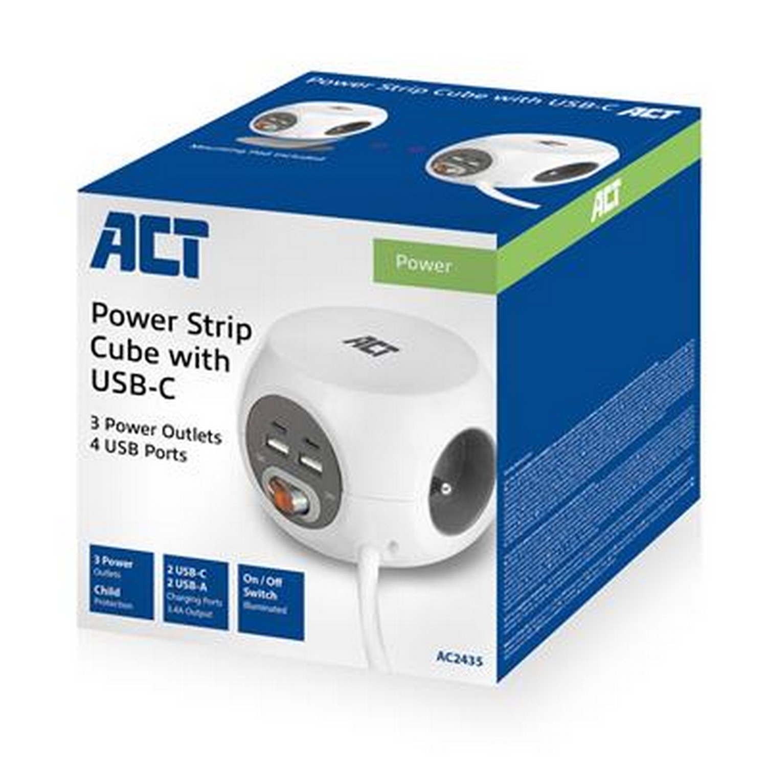 ACT Power Strip Cube with USB-C. White cube with multiple outlets and ports, on a blue box.