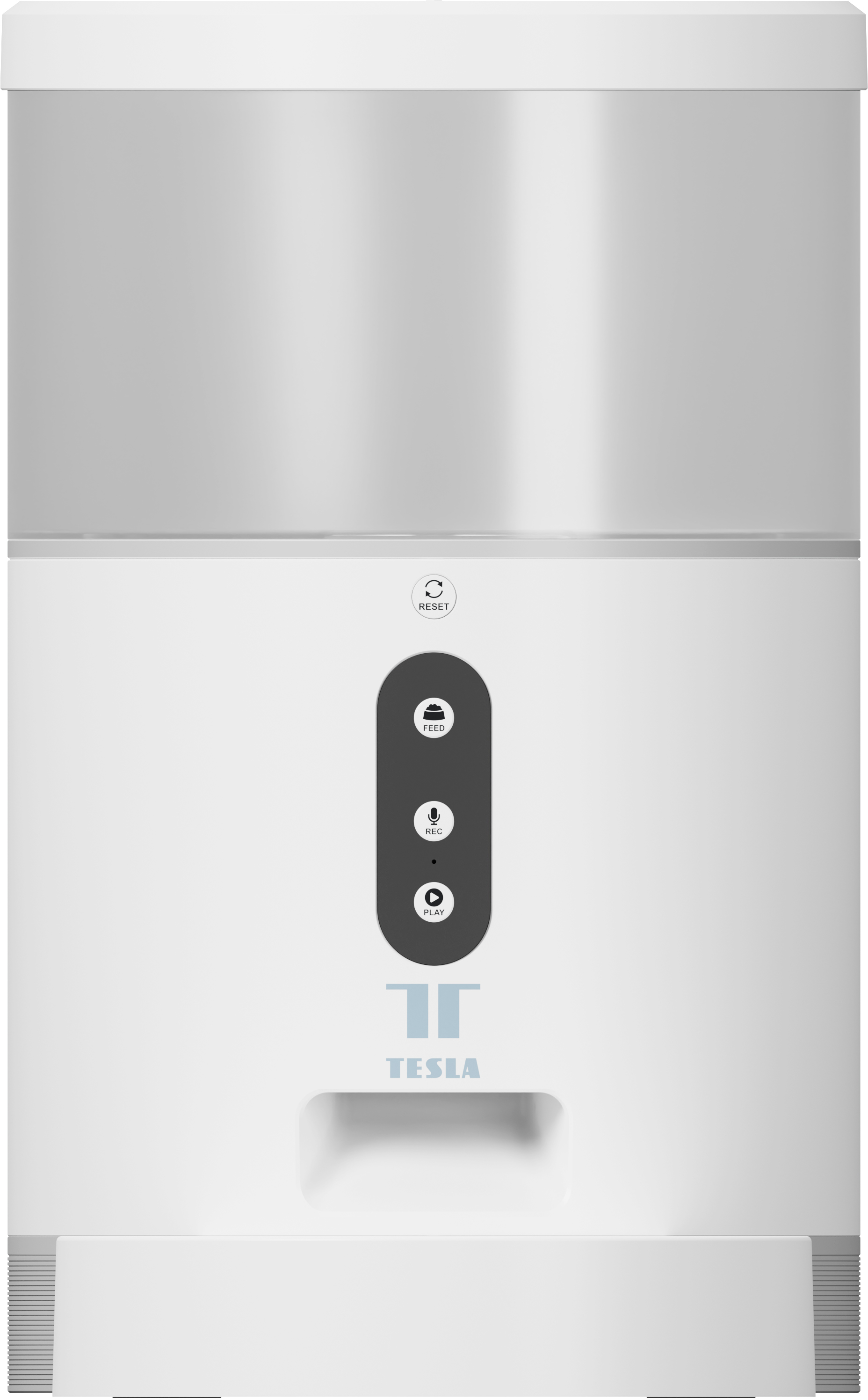 Fehér automata etetőgép gombokkal és Tesla logóval. Fém felső rész.