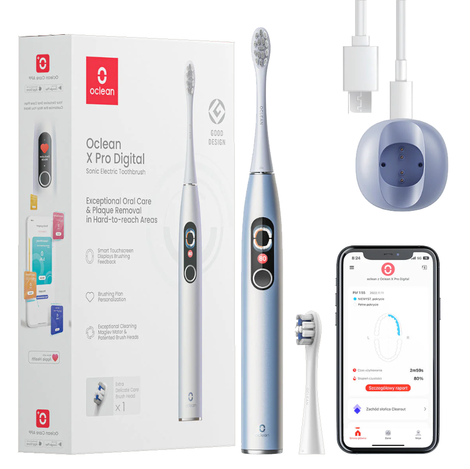 Oclean X Pro Digital elektrische Zahnbürste. Weiße Zahnbürste, Ladestation, Telefon-App.