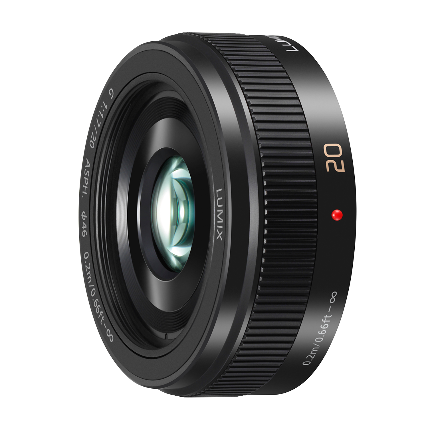 Obiettivo fotocamera nero con dettagli rossi e testo bianco, isolato su bianco.