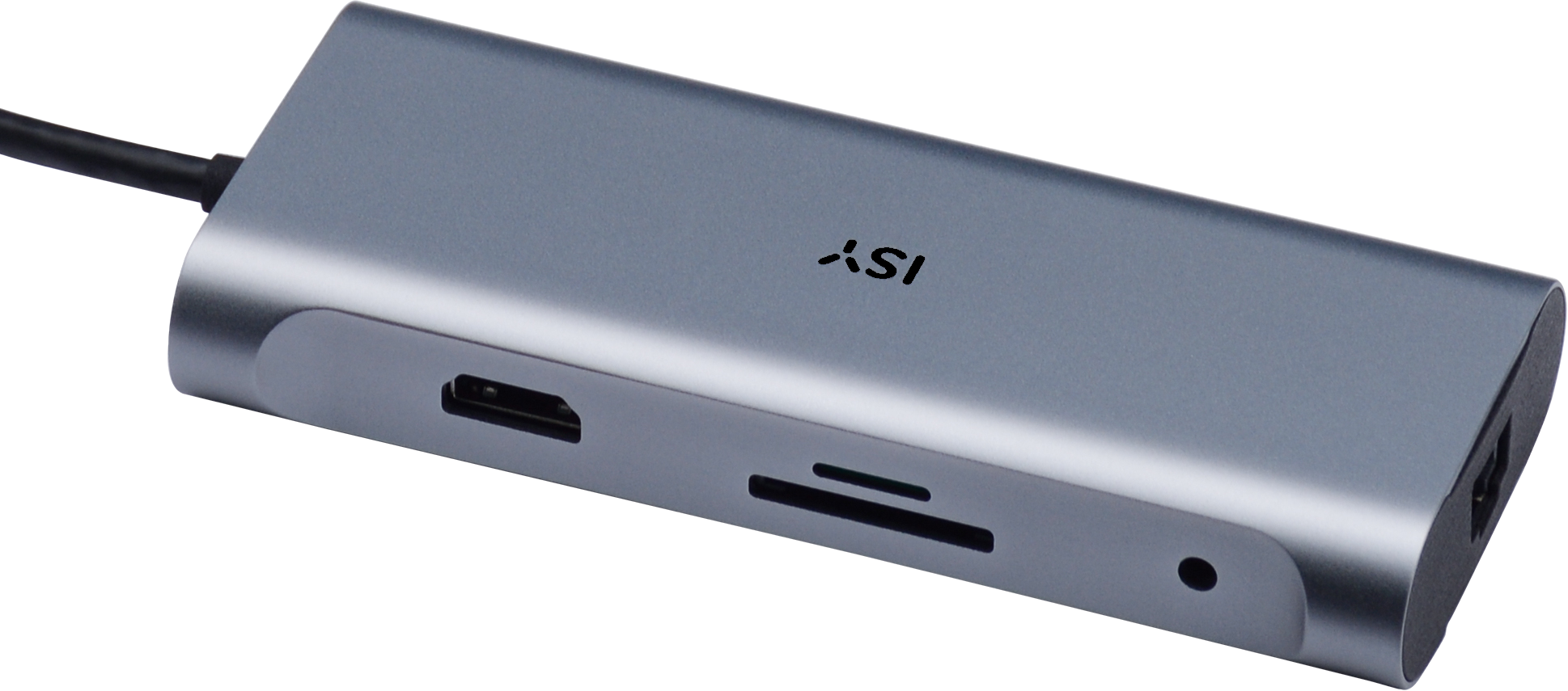 Ein grauer ISY USB-C Hub. Er hat HDMI-, SD-Karten- und USB-Anschlüsse mit einem schwarzen Kabel.