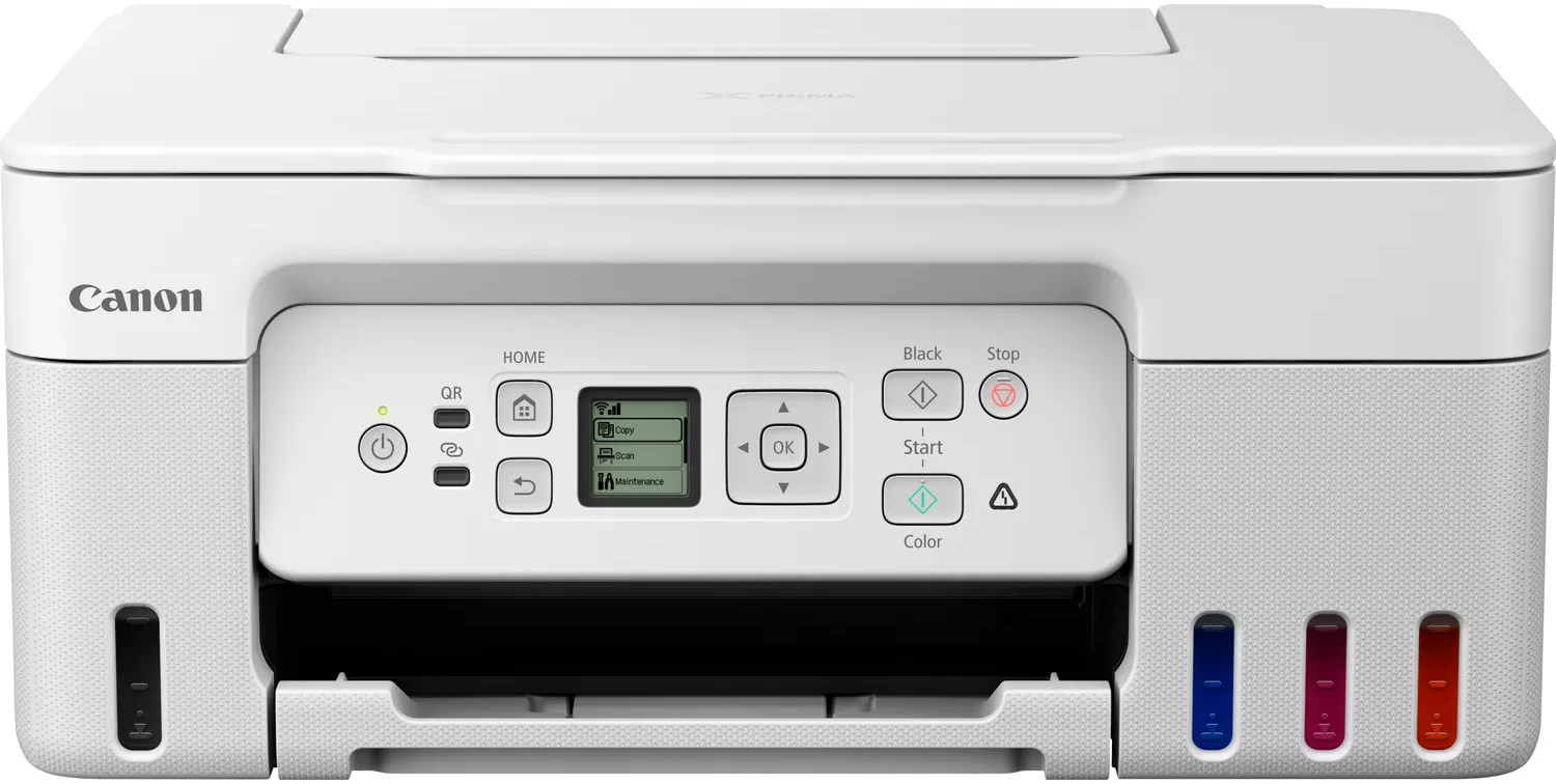 Een witte Canon-printer met een bedieningspaneel, knoppen en inkttanks. Het heeft een zwarte en een kleurenstartknop. Het Canon-logo is zichtbaar.