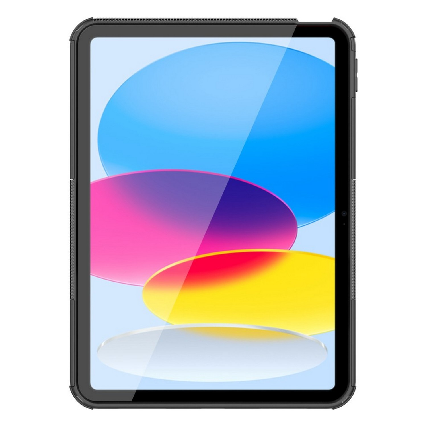 Tablet with a colorful screen displaying shapes, set in a protective black case.