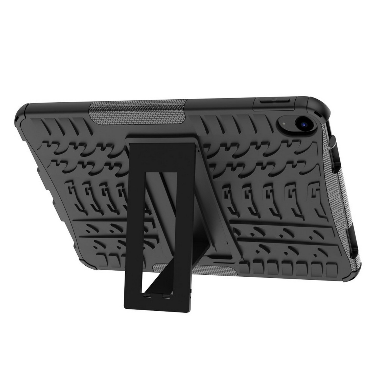 A black tablet in a protective case with a kickstand, seen from an angle.