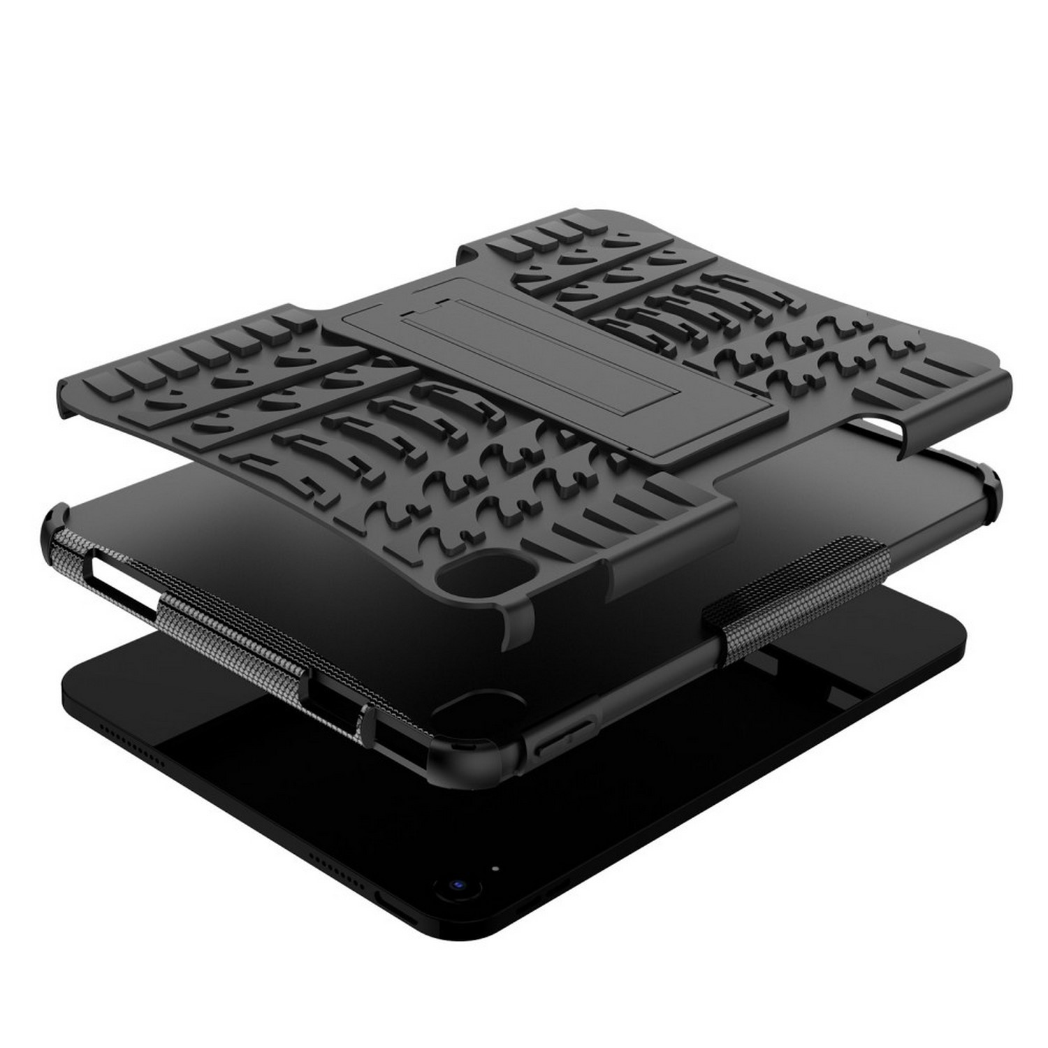 Black tablet with a rugged black case. A stand is attached to the case.