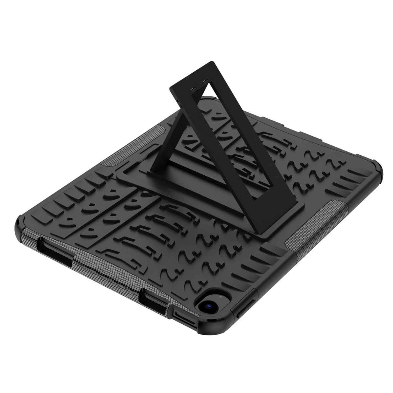 Black tablet case with stand and textured pattern.