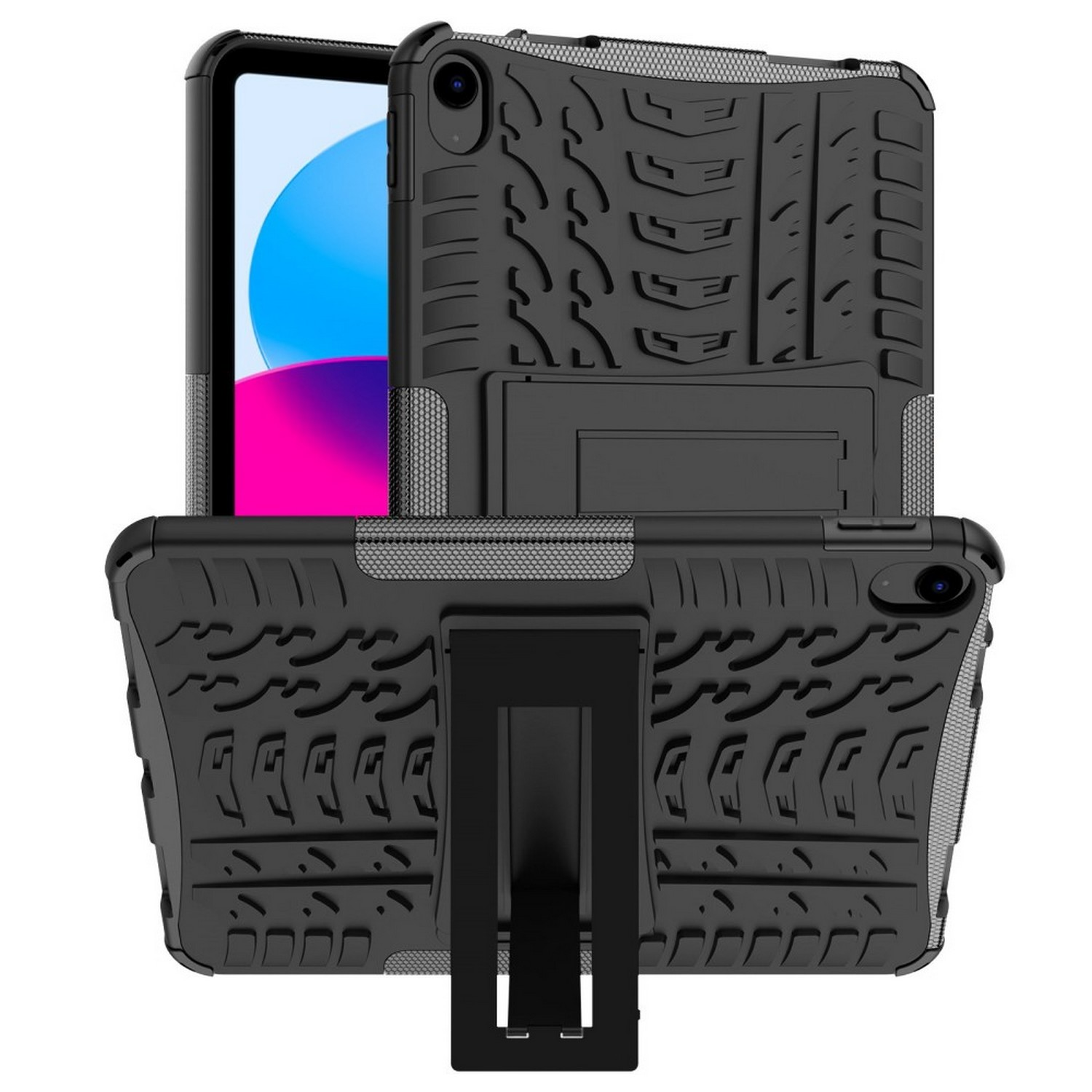 Black tablet case with a stand. The case has a textured design and protects the device.