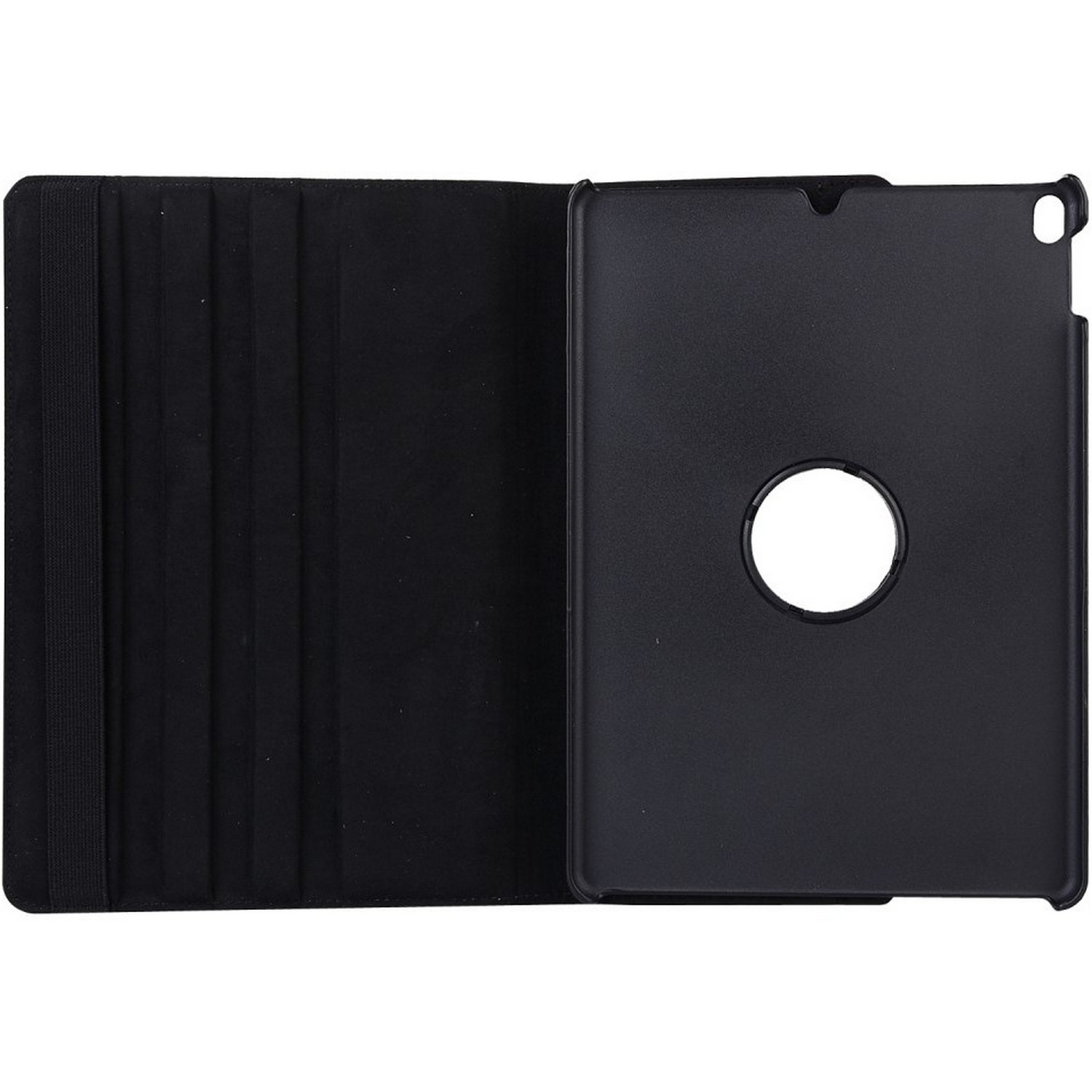 Étui de tablette noir. Il est ouvert, montrant l'intérieur. L'étui est noir et a une découpe circulaire.