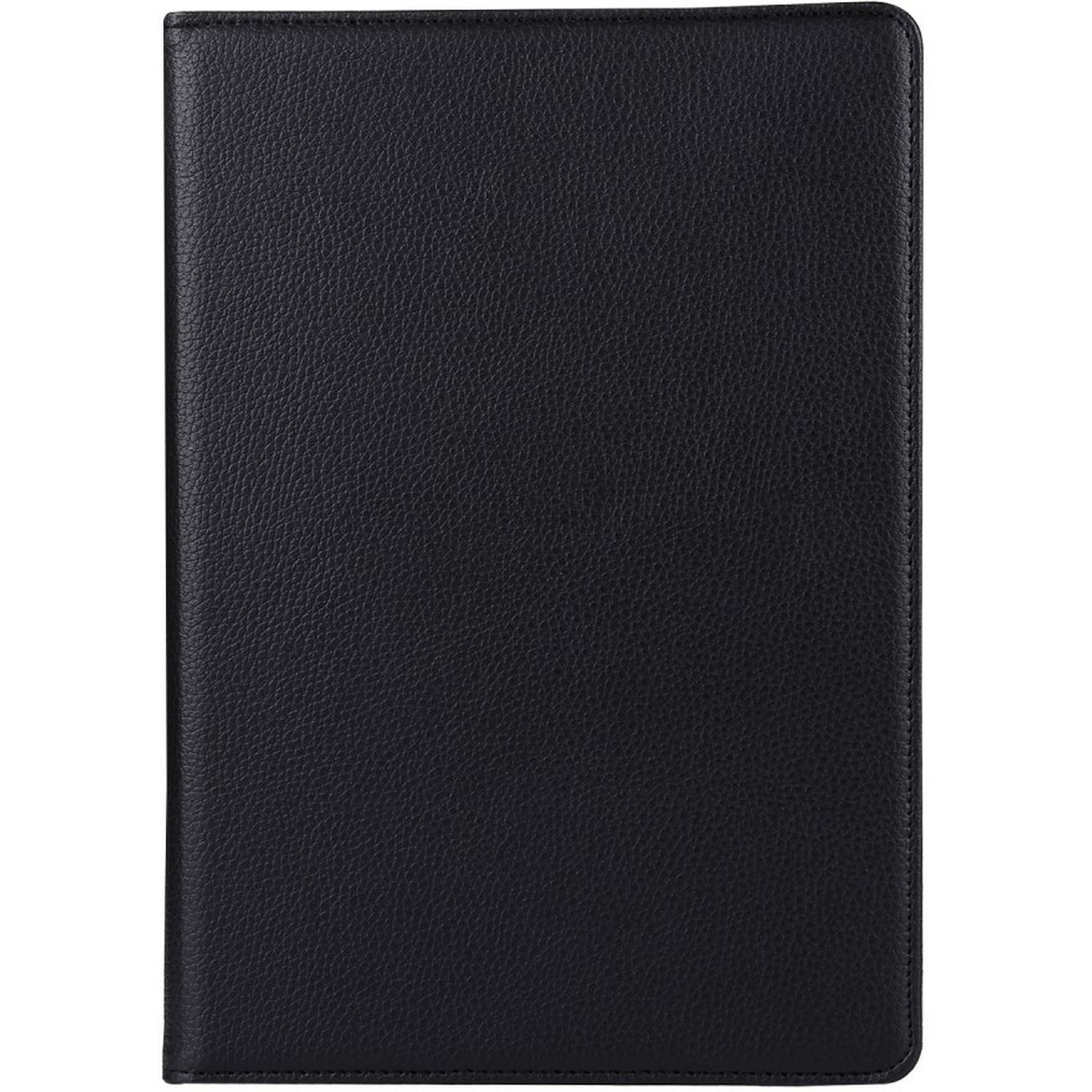 Un étui folio noir texturé cuir. L'étui est fermé et a une surface lisse.