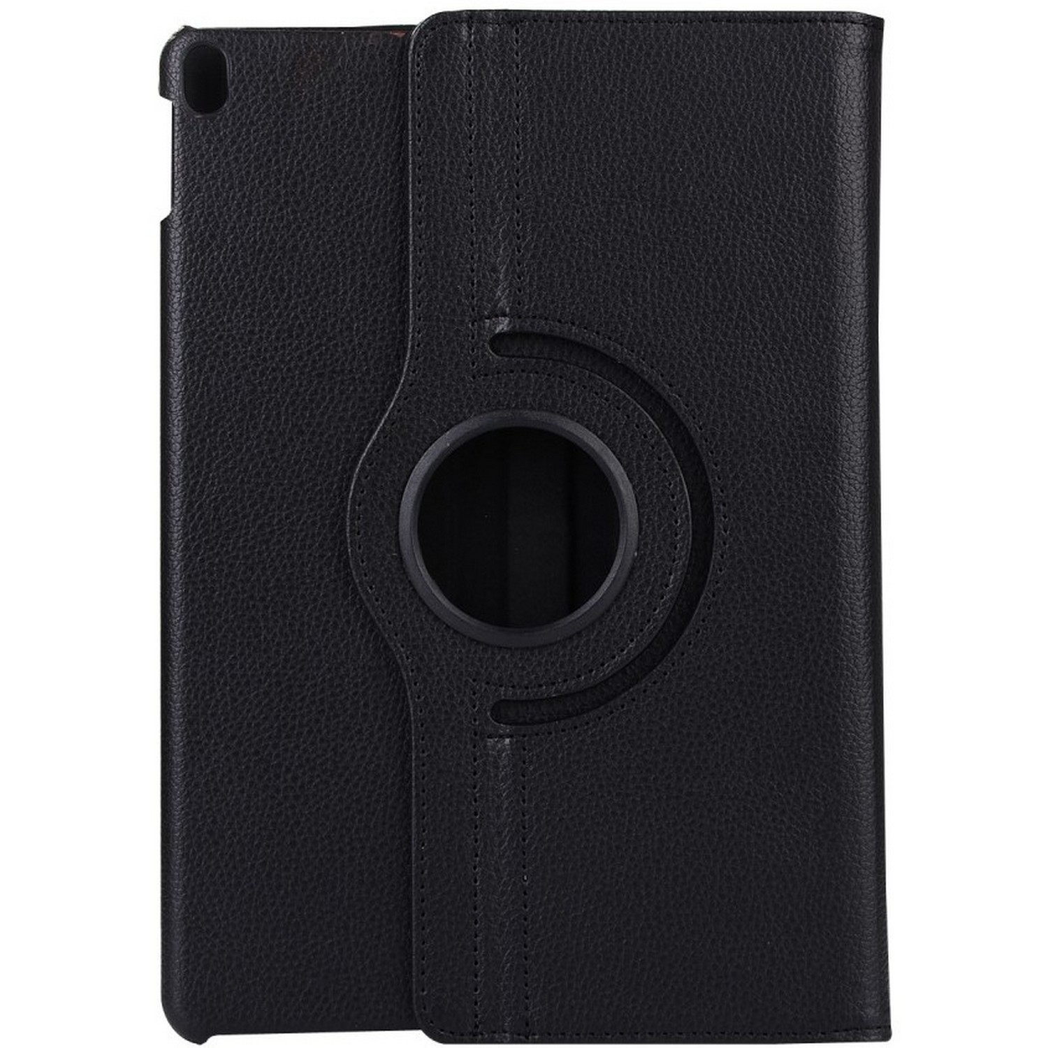 Étui de tablette noir avec anneau pivotant et texture cuir.