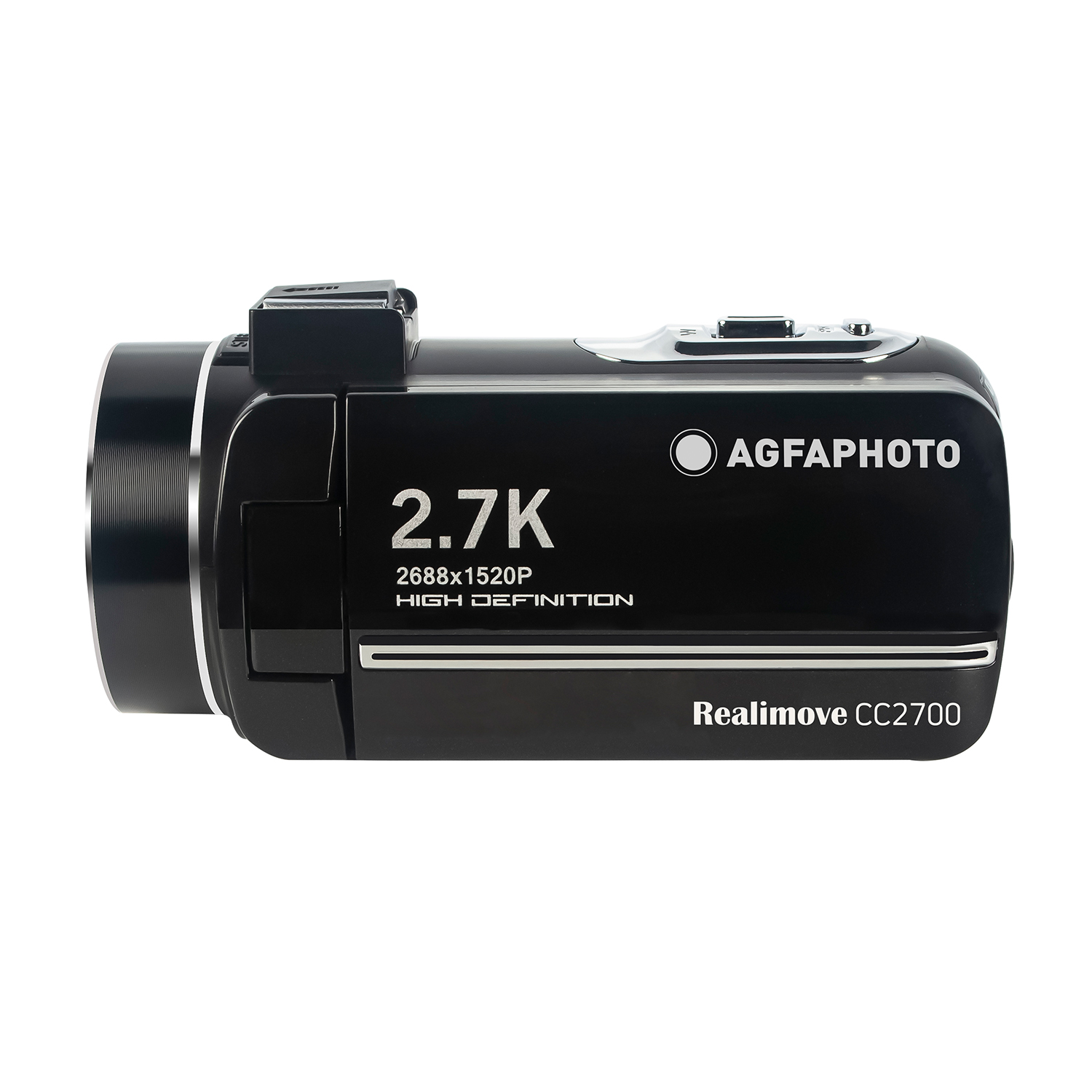 Videocamera nera Agfaphoto Realimove CC2700, 2.7K, alta definizione, su sfondo bianco.