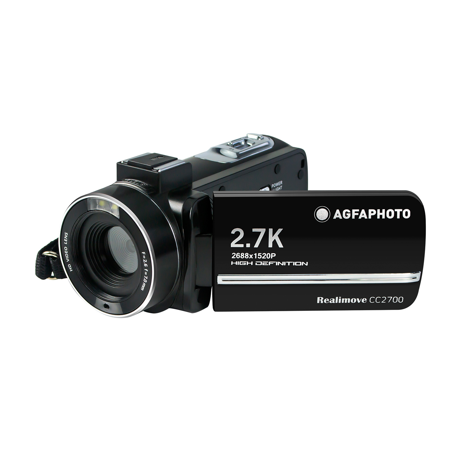 Una videocamera nera con schermo ribaltabile. Ha un obiettivo frontale e un cinturino.
