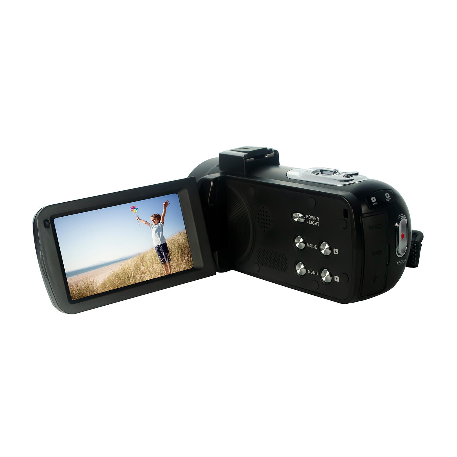Videocamera nera, schermo aperto, che mostra un bambino sulla spiaggia.