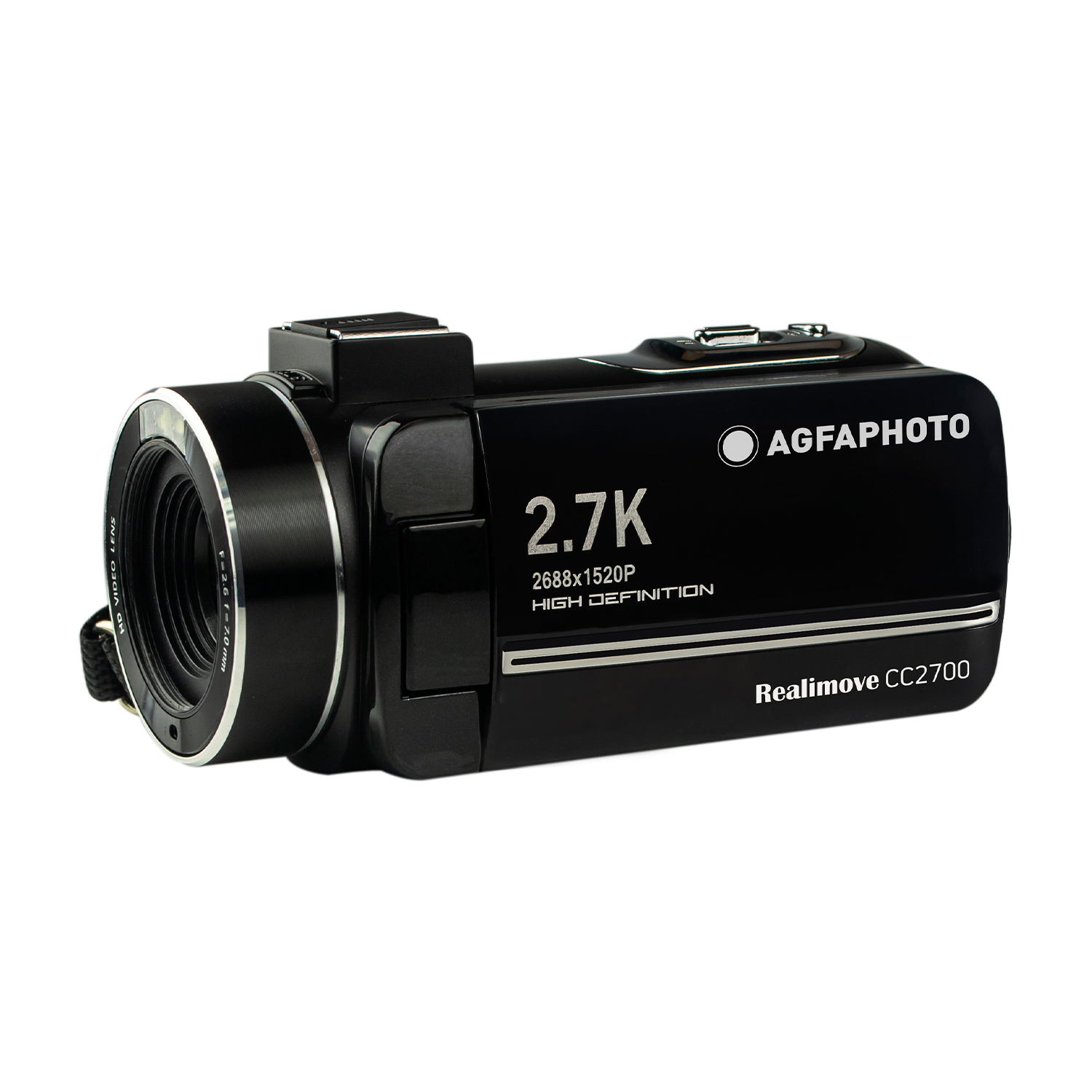 Una fotocamera Agfaphoto Realimove CC2700 nera. Ha un obiettivo e mostra i dettagli della risoluzione 2.7K.