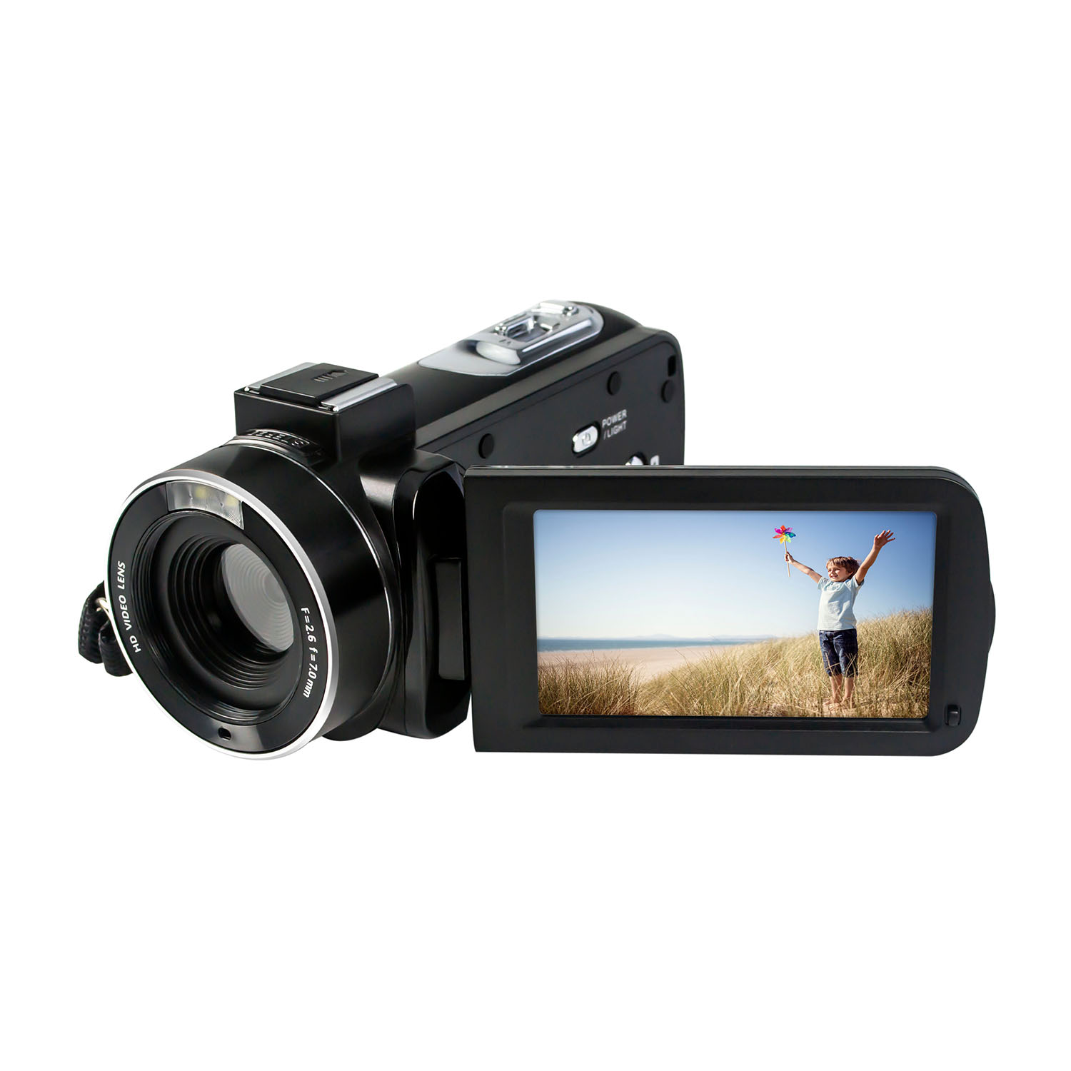 Videocamera nera con schermo che mostra un bambino con un mulino a vento sulla spiaggia.