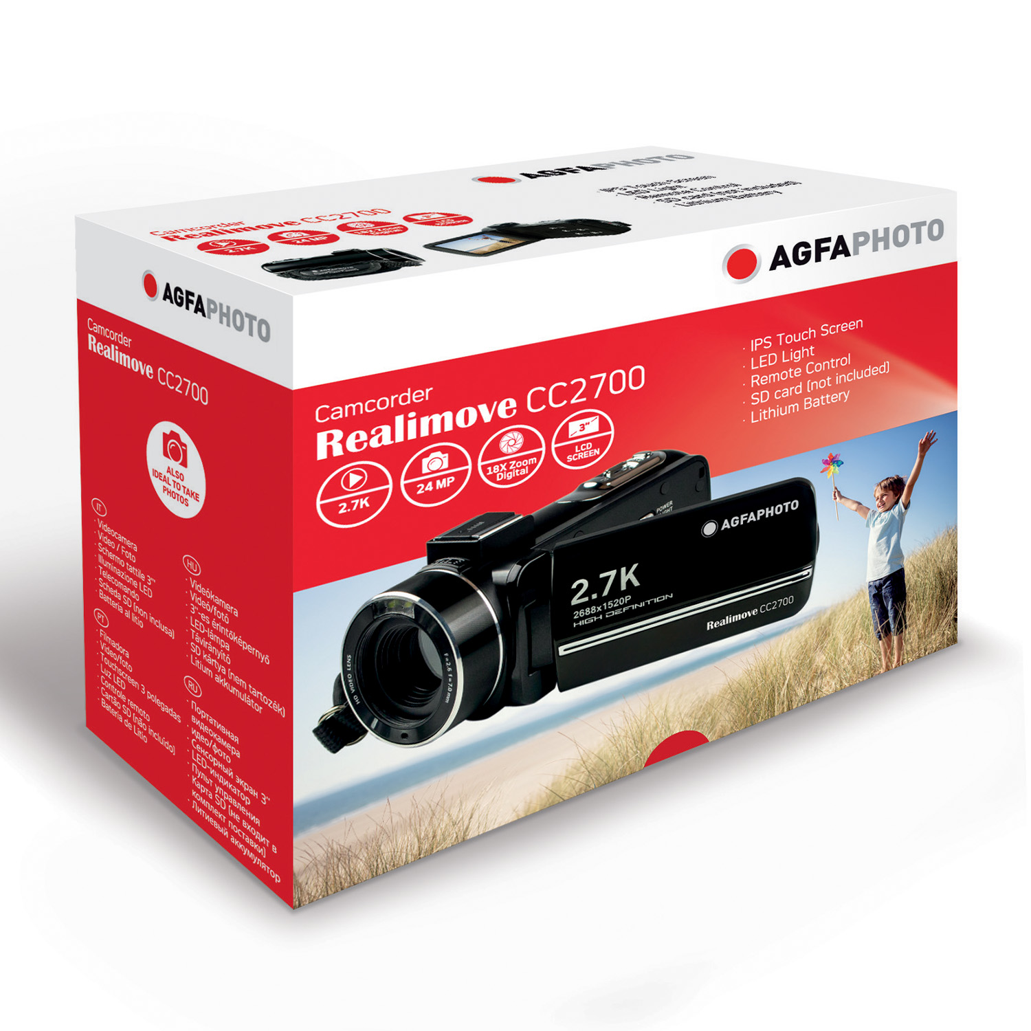 Scatola di una videocamera AGFA photo. Sulla scatola c'è una videocamera nera. Un bambino che tiene un giocattolo sullo sfondo.