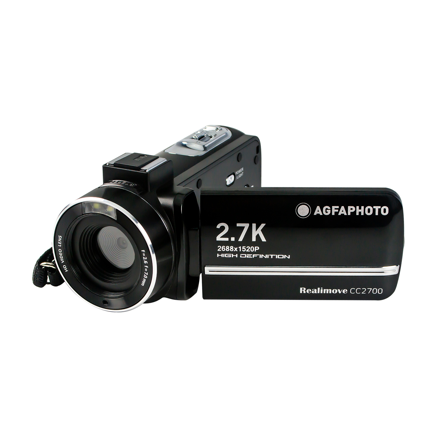 Videocamera nera con obiettivo e schermo aperto, sfondo bianco.