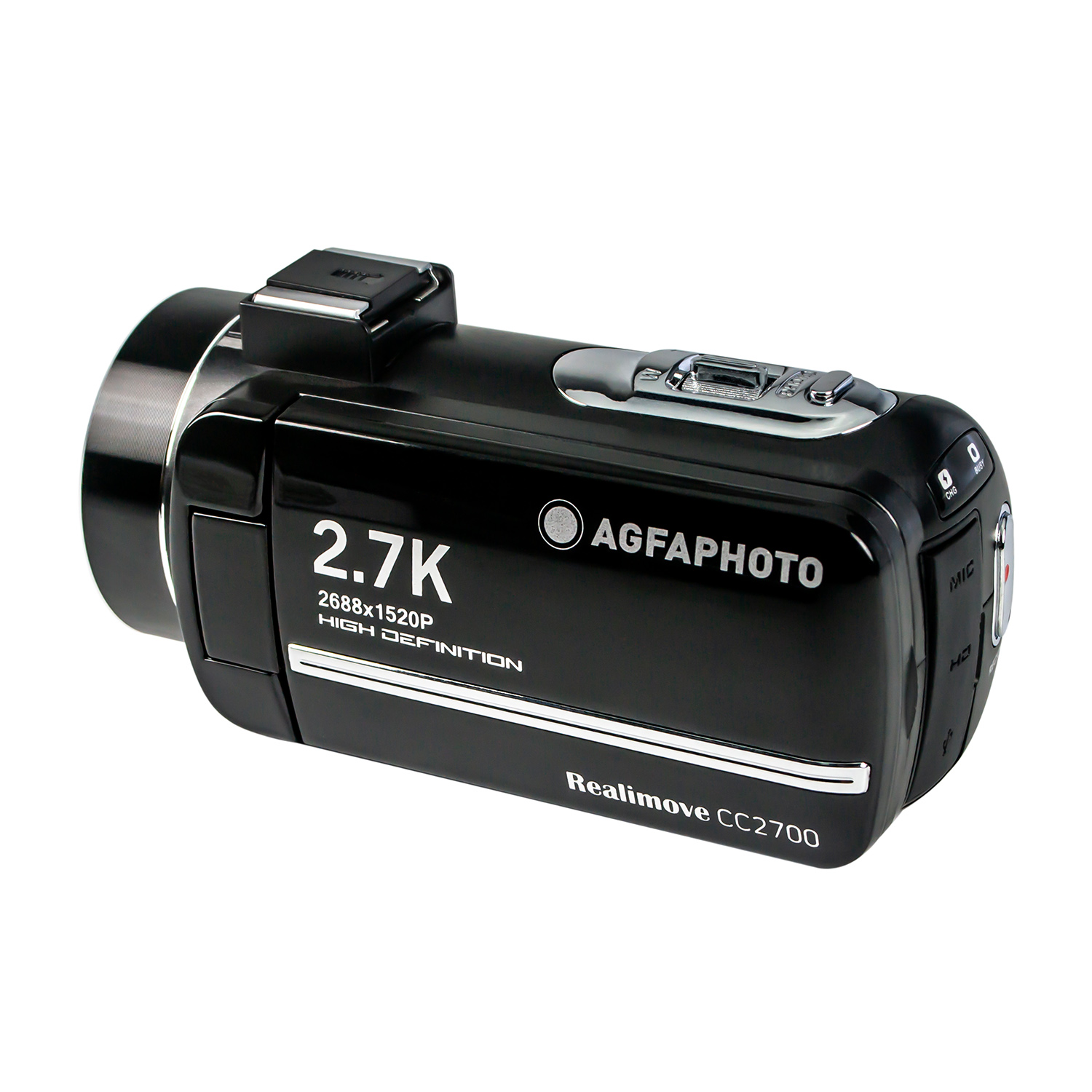 Videocamera nera con risoluzione 2.7K, marca AgfaPhoto e modello Realimove CC2700.