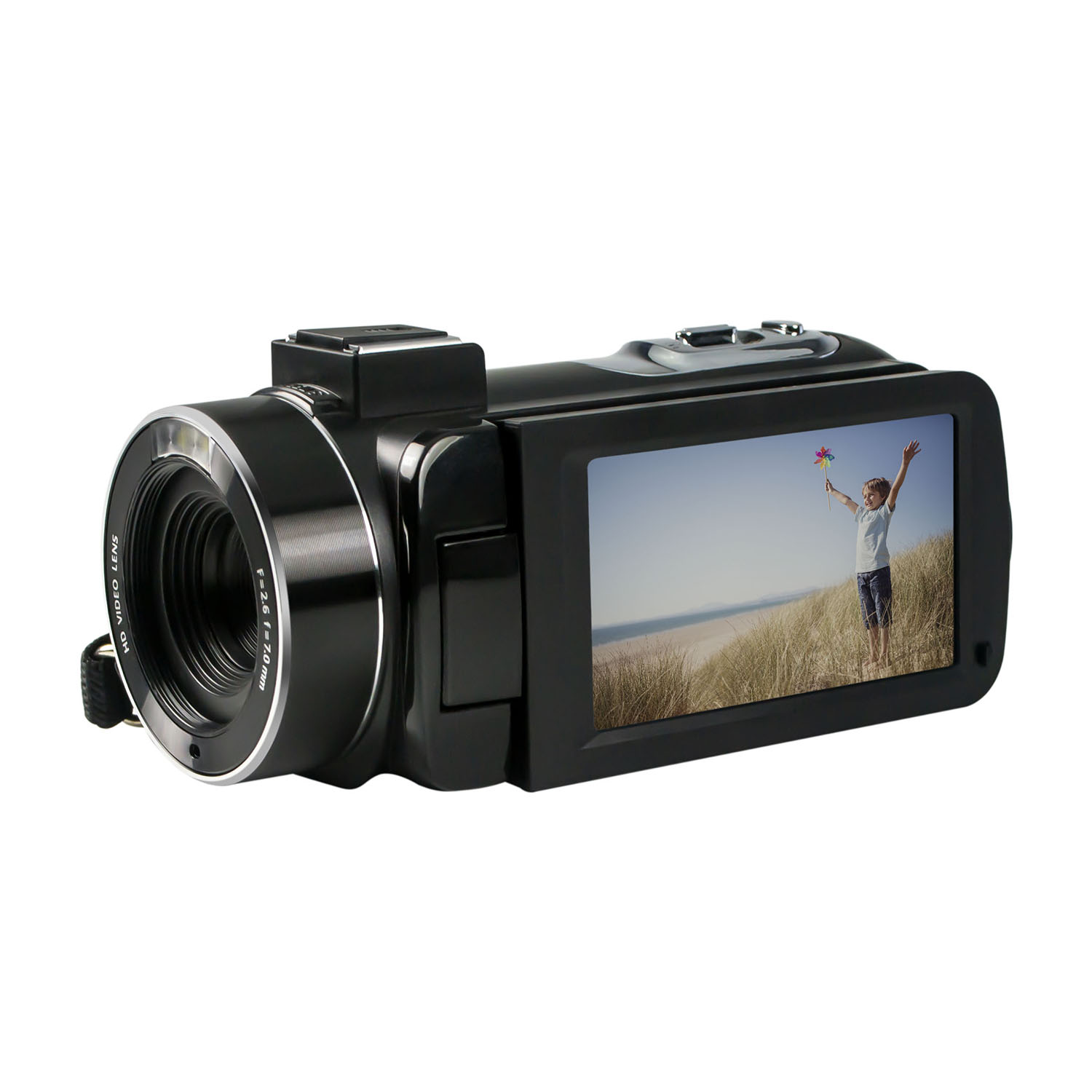 Una videocamera nera con uno schermo che mostra l'immagine di un bambino con un aquilone.