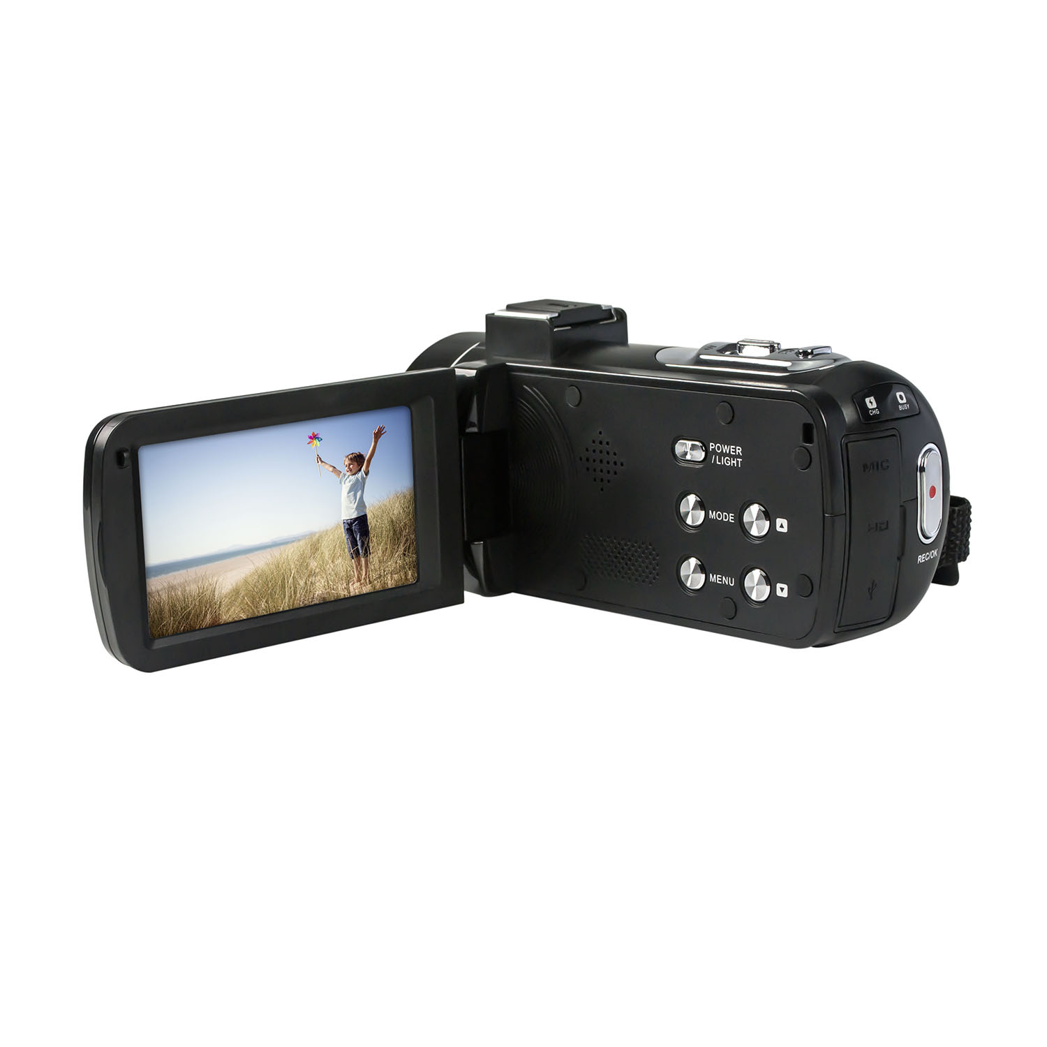 Videocamera nera con schermo aperto che mostra una persona su una spiaggia. Ha pulsanti, un ingresso microfonico e un pulsante di registrazione.