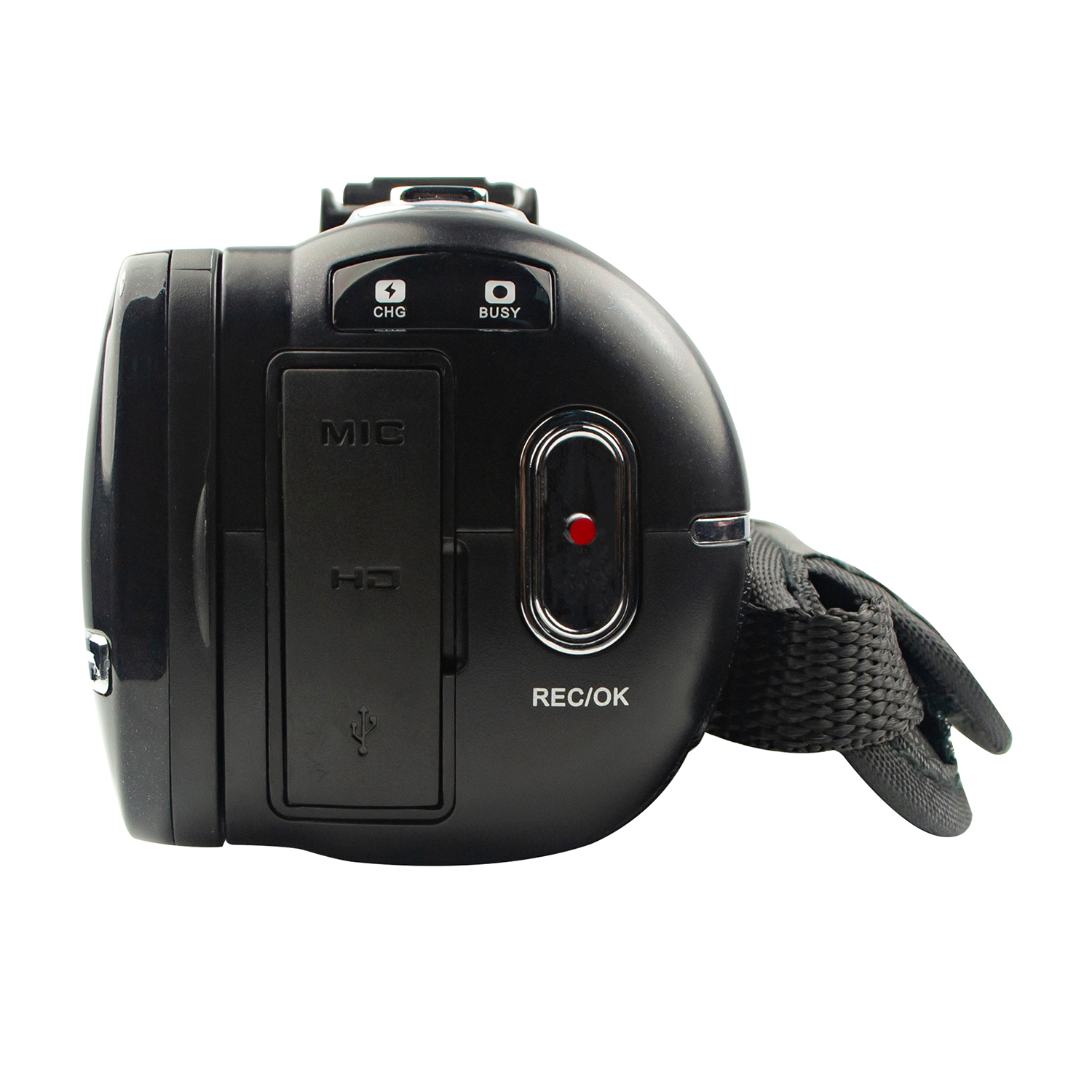 Videocamera nera, vista laterale, con pulsanti e cinturino. Include una porta USB.