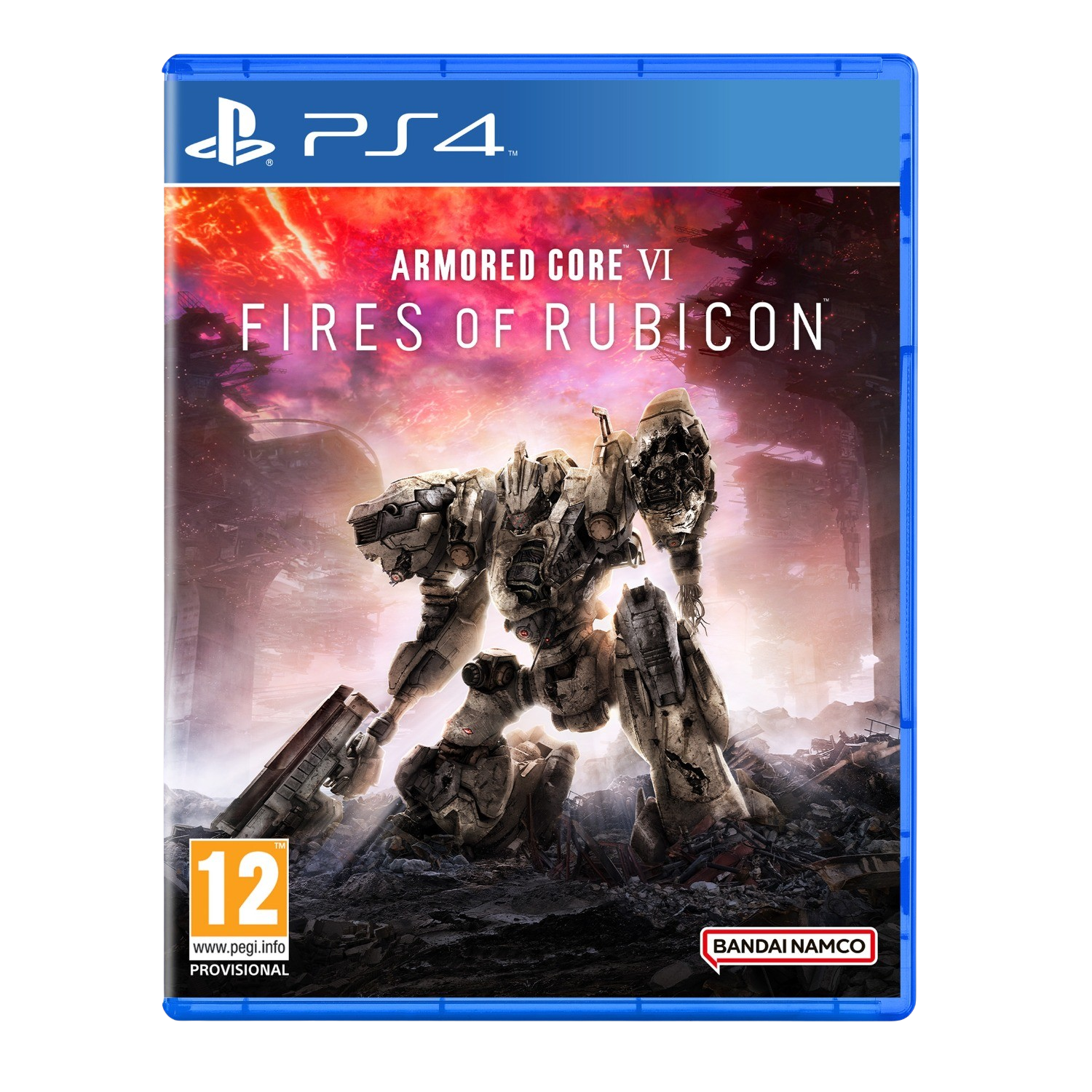 PS4 gamecover: Armored Core VI: Fires of Rubicon. Een mech met rode en oranje vlammen. Blauwe rand.