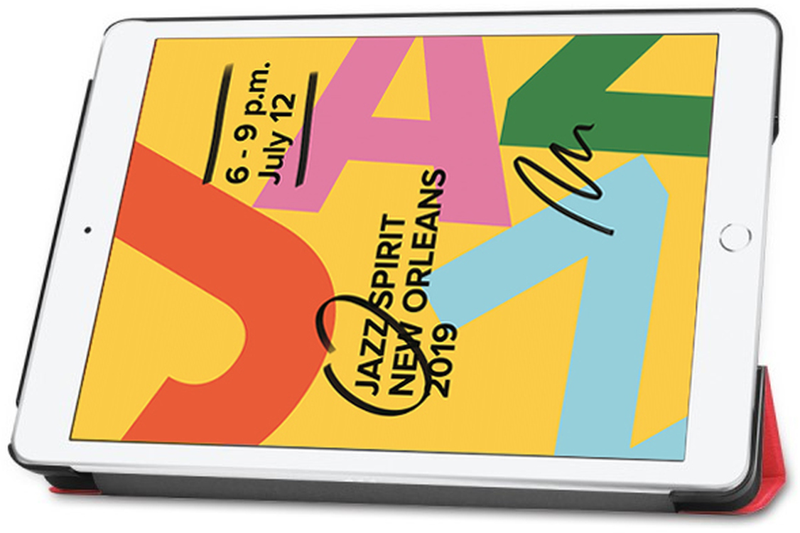 Tablet displaying a colorful jazz event poster with text and logo. It is inside a case.