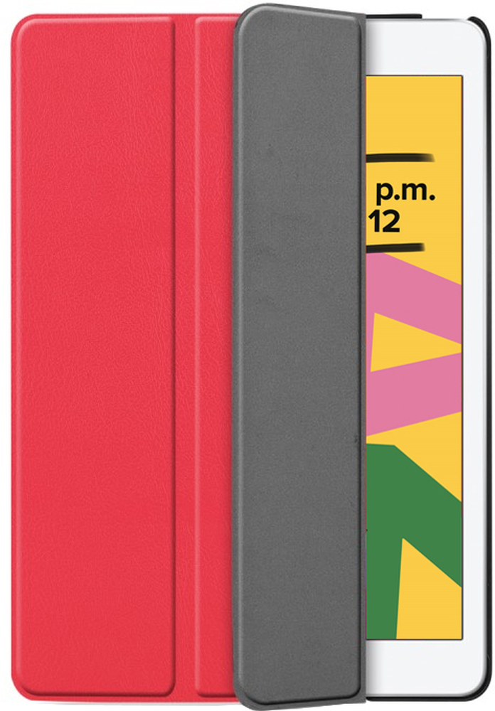 A red tablet case open, revealing a tablet with a yellow screen.