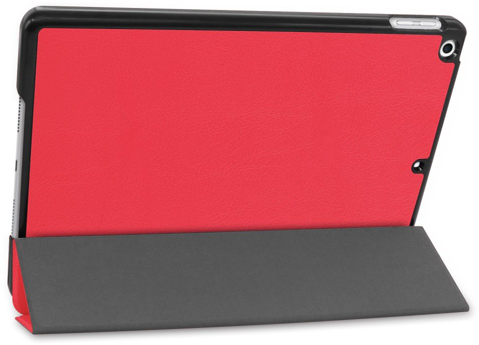 Red tablet case with a gray stand.
