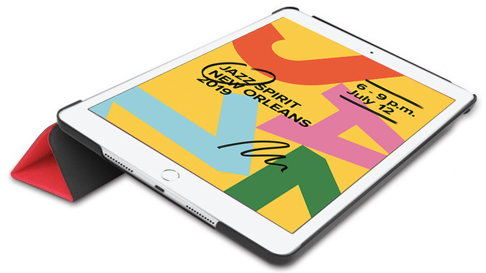 Tablet with a cover displaying a jazz event poster.