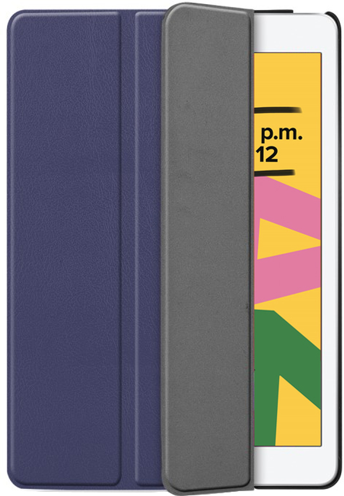 Tablet in a blue case, partially open to reveal the screen. Yellow background with text.