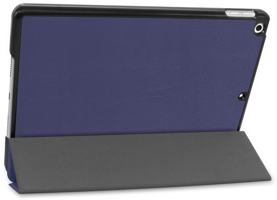 Tablet in navy case. The screen is facing up at an angle, on a grey stand.