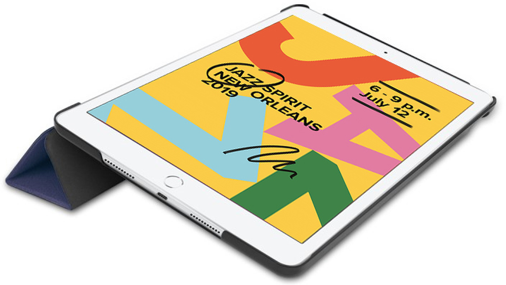 Tablet with cover, displaying a Jazz Spirit New Orleans event poster. Yellow background, colorful text.