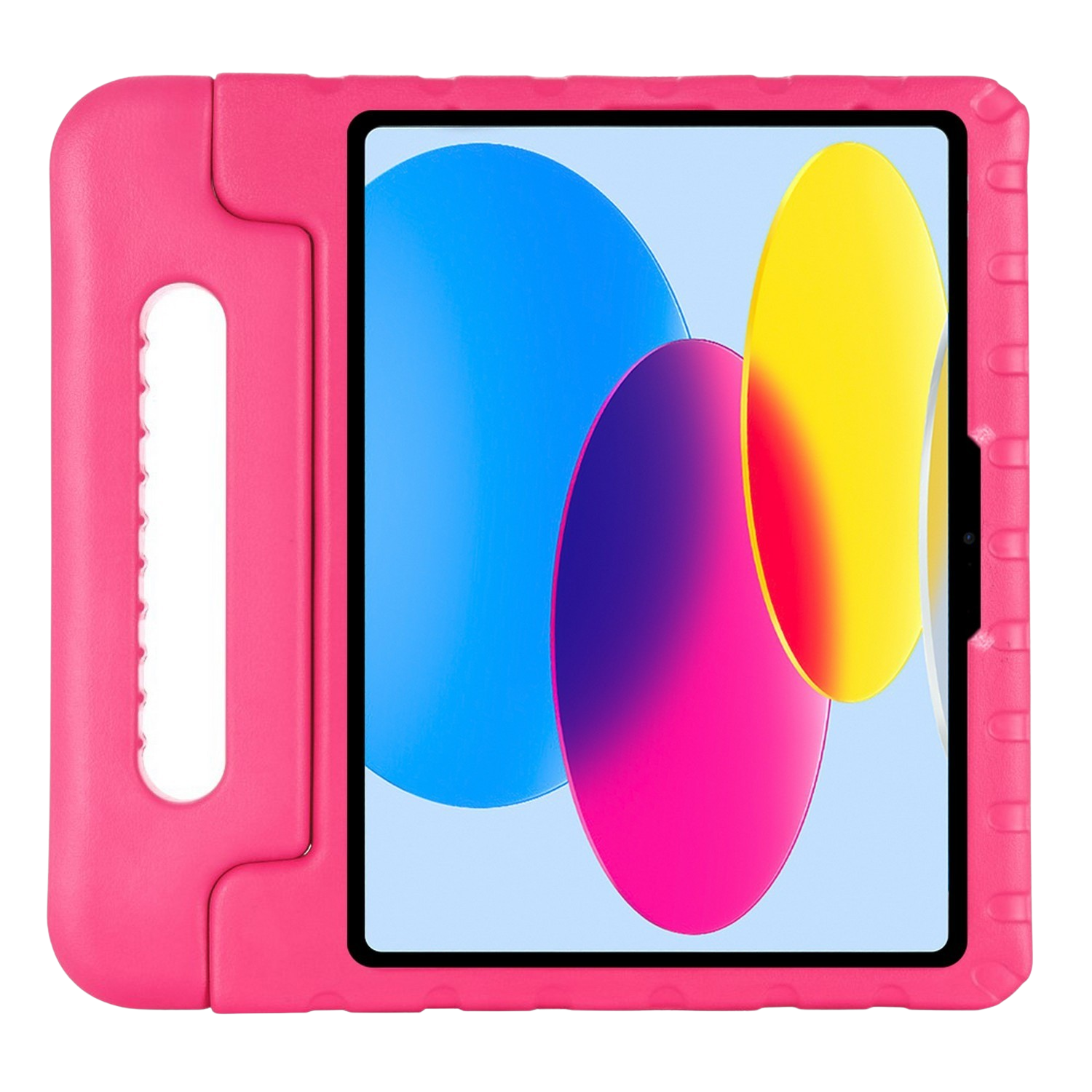 Étui de tablette rose avec poignée, écran noir affichant des formes colorées.