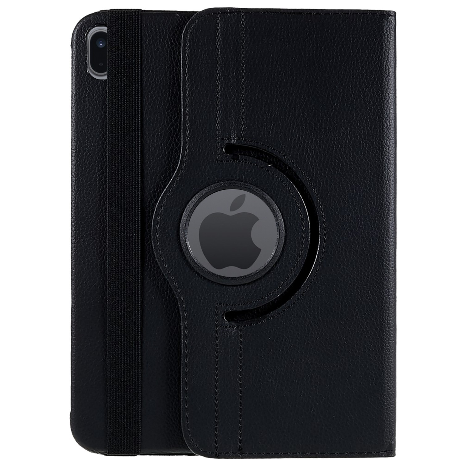 Étui de tablette noir avec un logo Apple et une sangle. L'étui est ouvert, révélant une partie de la tablette.