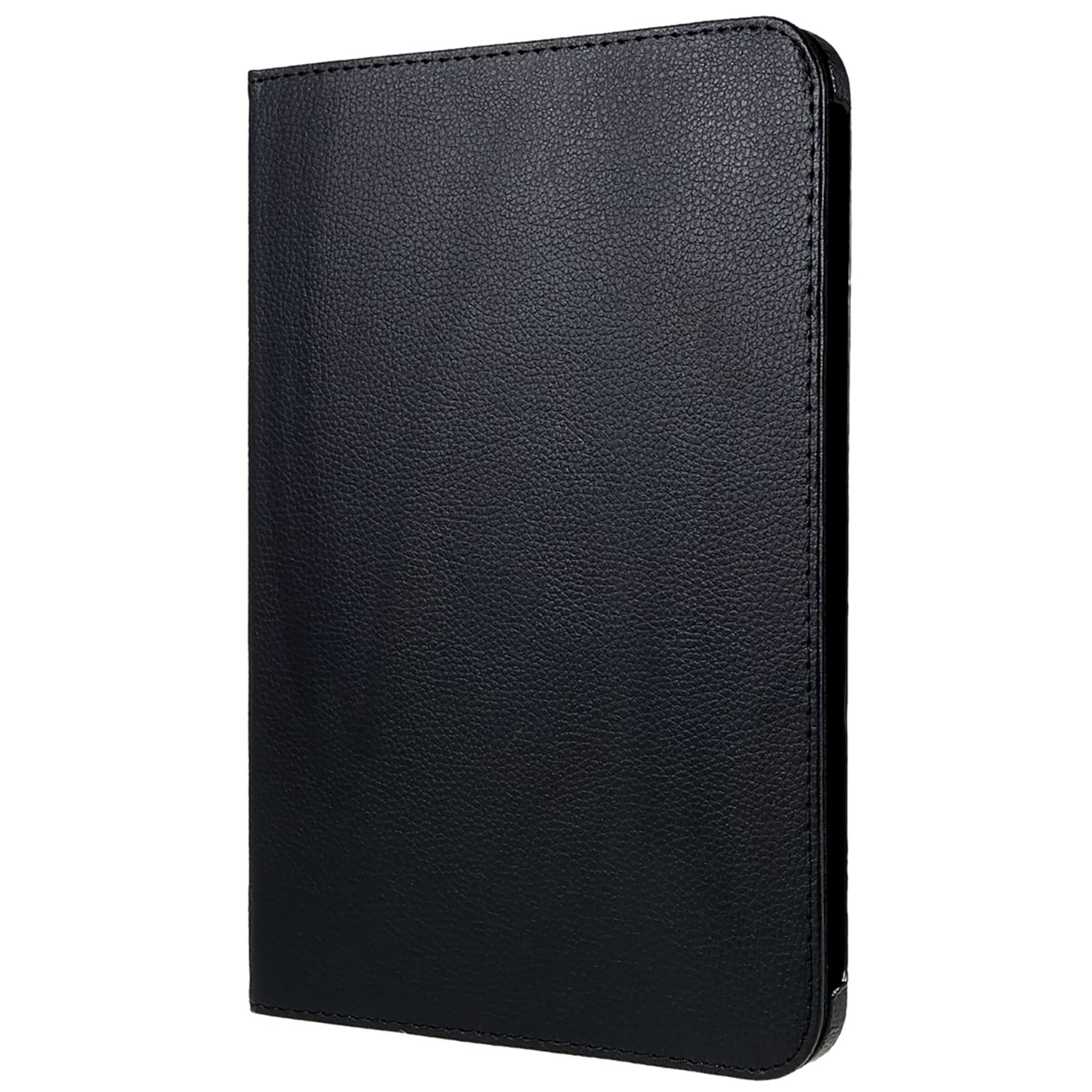 Étui pour tablette en cuir noir. L'étui est fermé et a des coutures sur le côté.