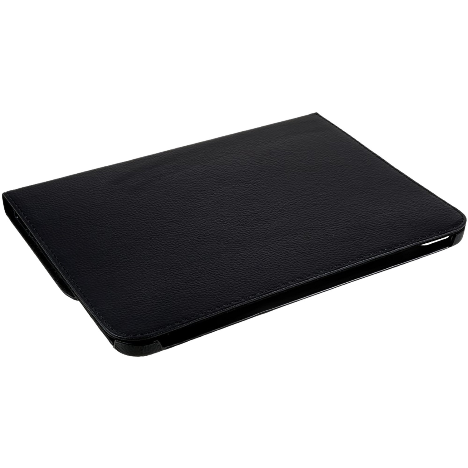 Un étui noir pour tablette. Il est fermé et a une texture lisse.