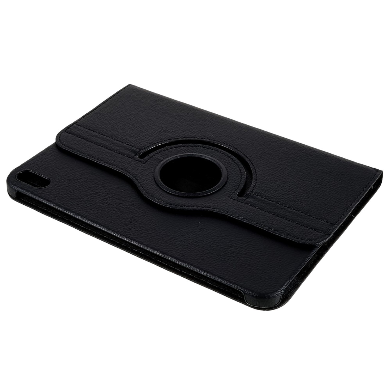 Housse de tablette noire avec couvercle rotatif sur fond blanc.