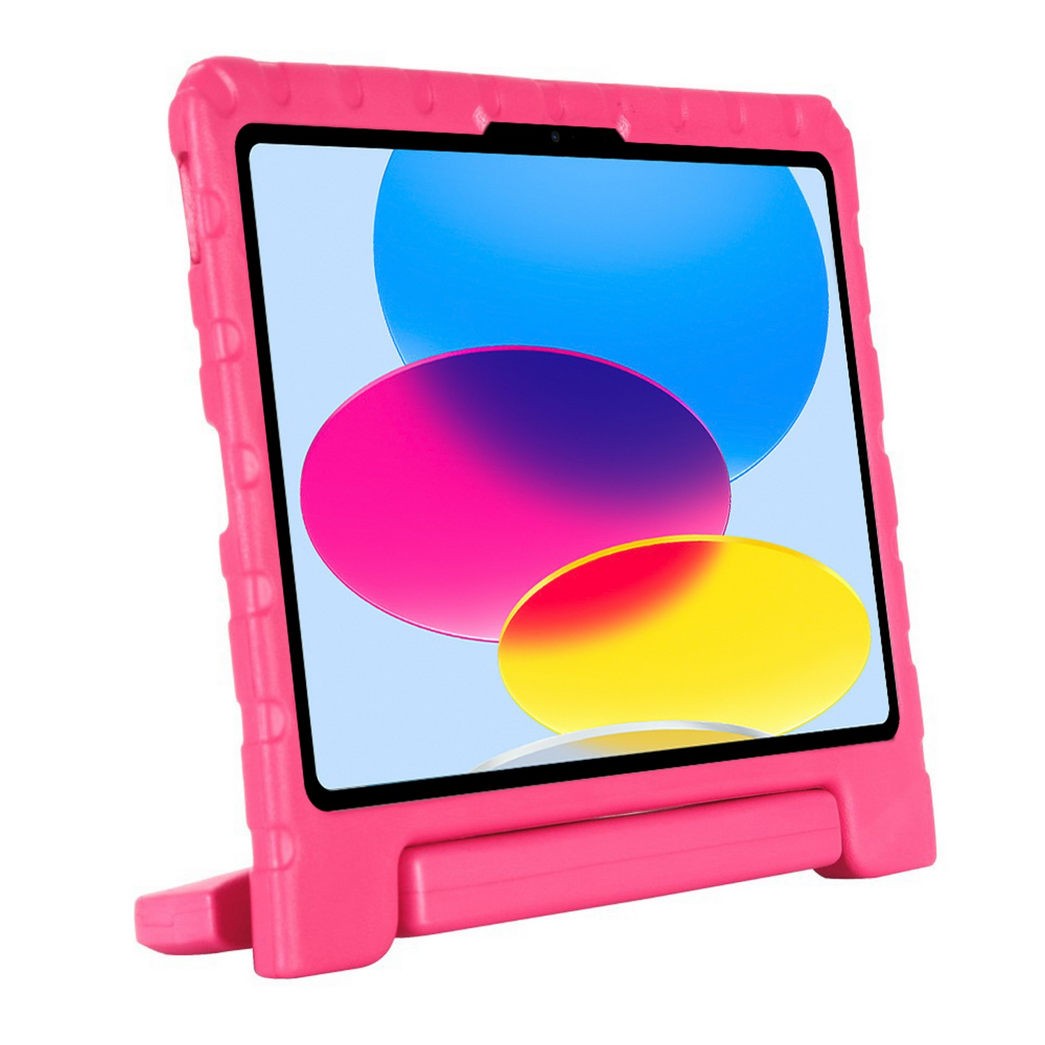 Étui iPad rose avec béquille. L'iPad est dans l'étui. L'écran affiche des formes colorées.