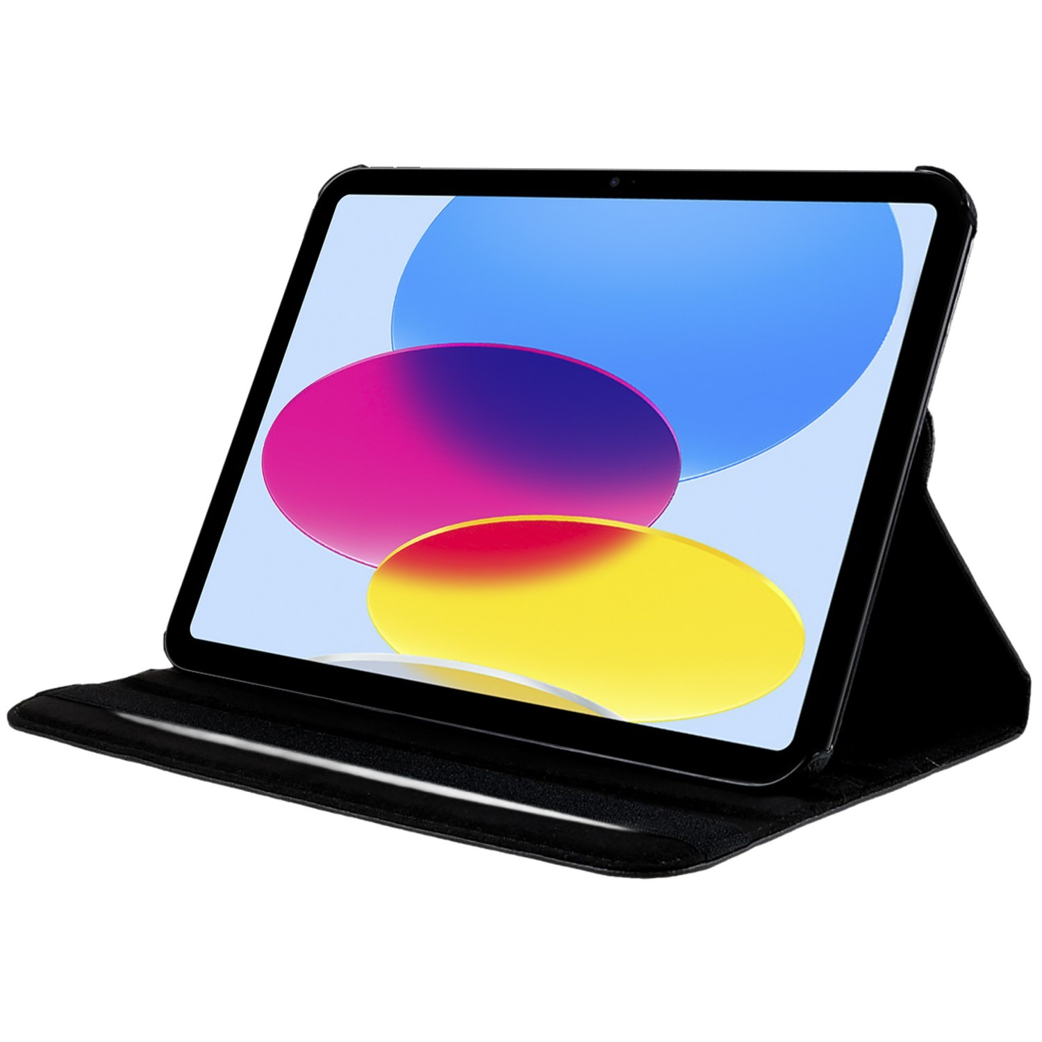 Un iPad dans un étui noir, incliné. L'écran affiche des formes colorées.