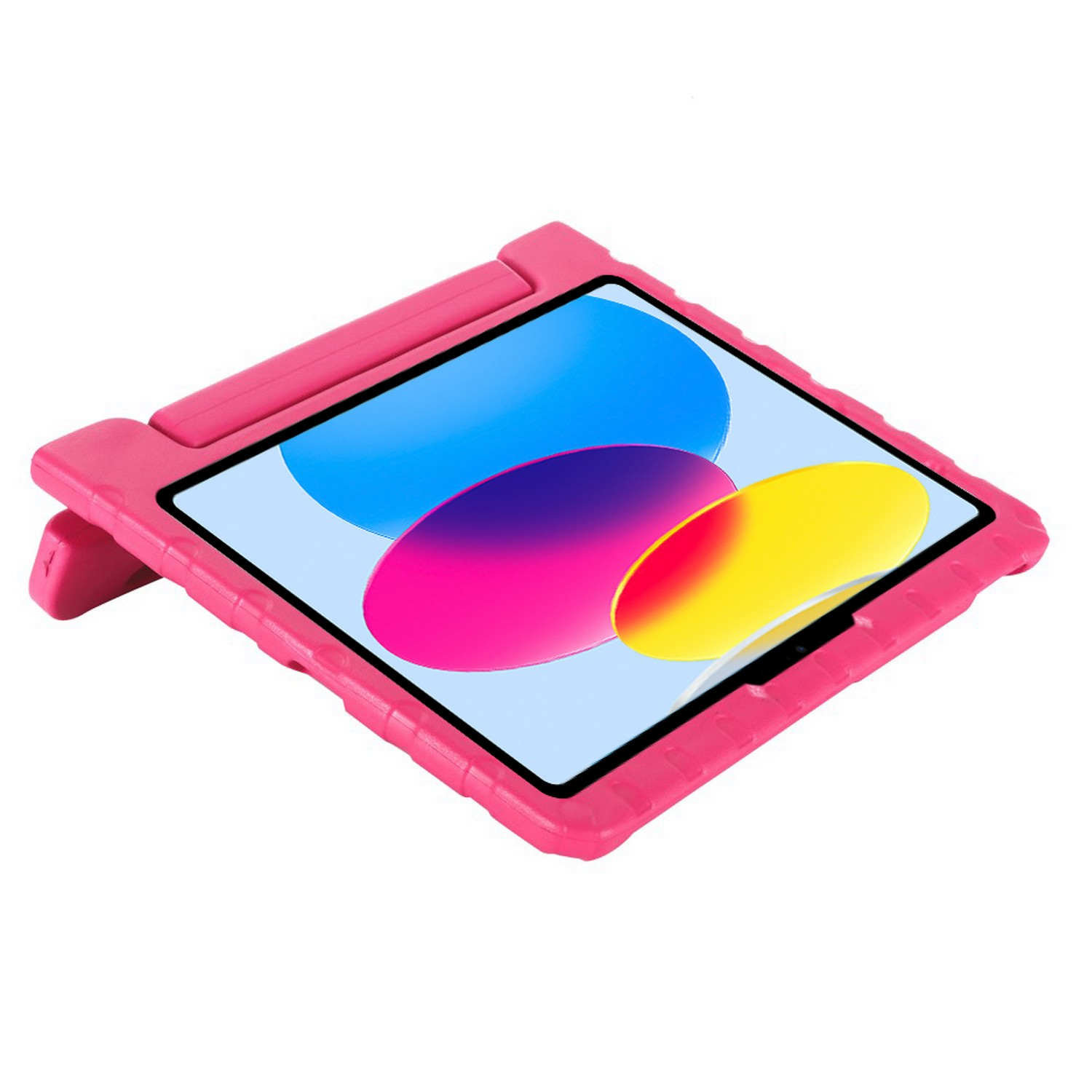 Un étui de tablette rose avec une tablette à l'intérieur. L'étui est doté d'un support et d'un pare-chocs.
