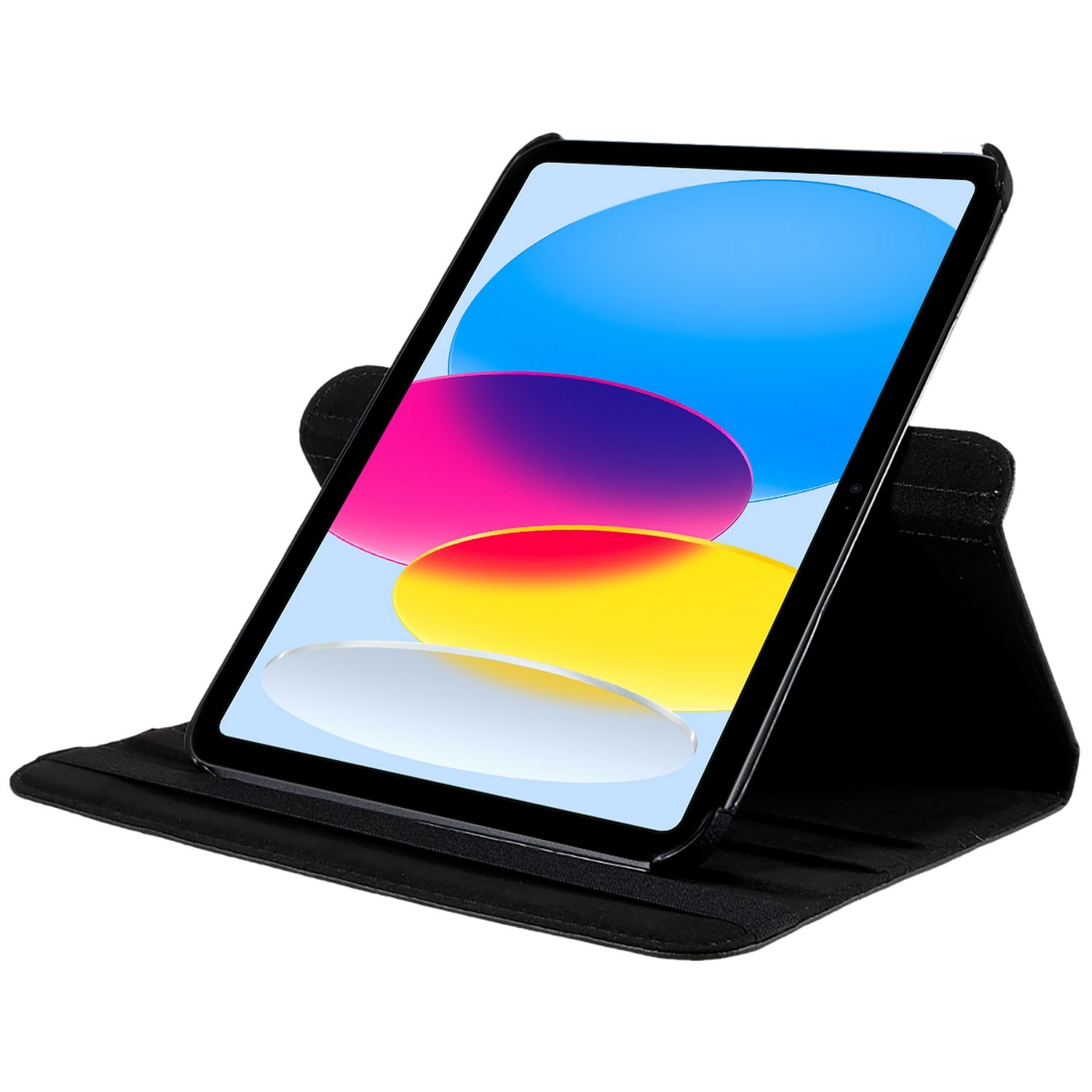 Tablette noire dans un étui noir, légèrement inclinée vers le haut.