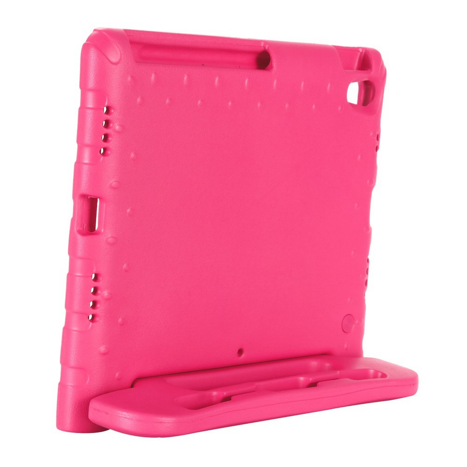 Étui de tablette rose avec poignée et support.