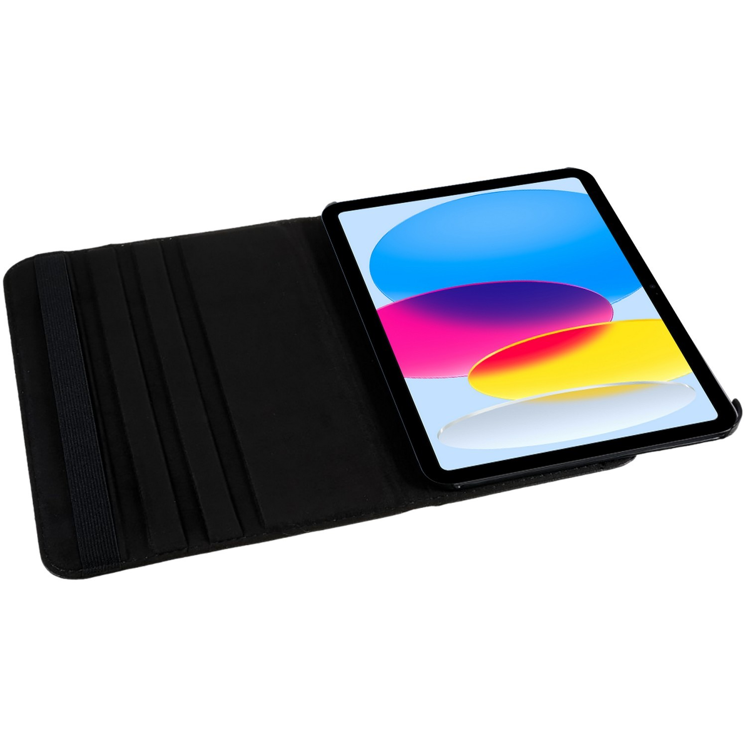 Un iPad dans un étui noir, ouvert. L'écran affiche des formes colorées. Le couvercle est replié.