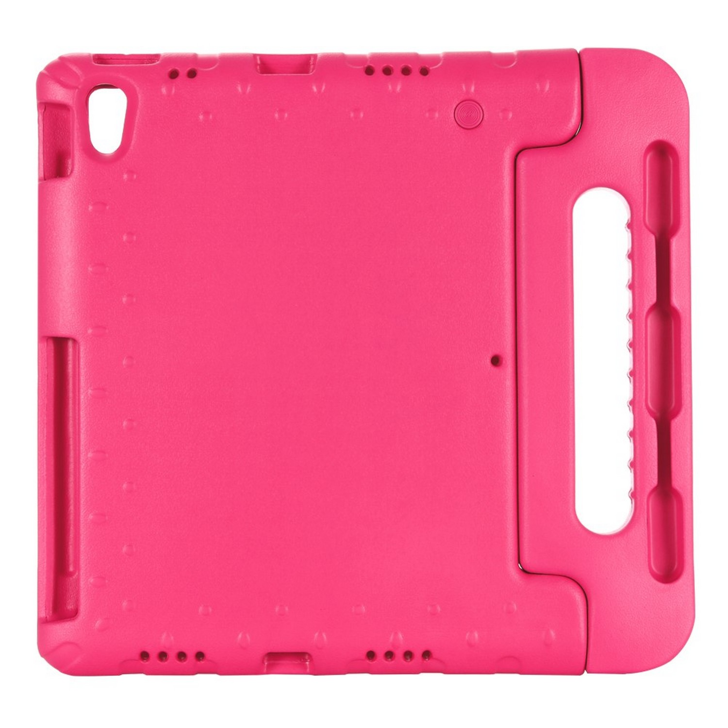 Une coque de tablette rose avec une poignée. La coque a un design texturé avec de multiples ouvertures.
