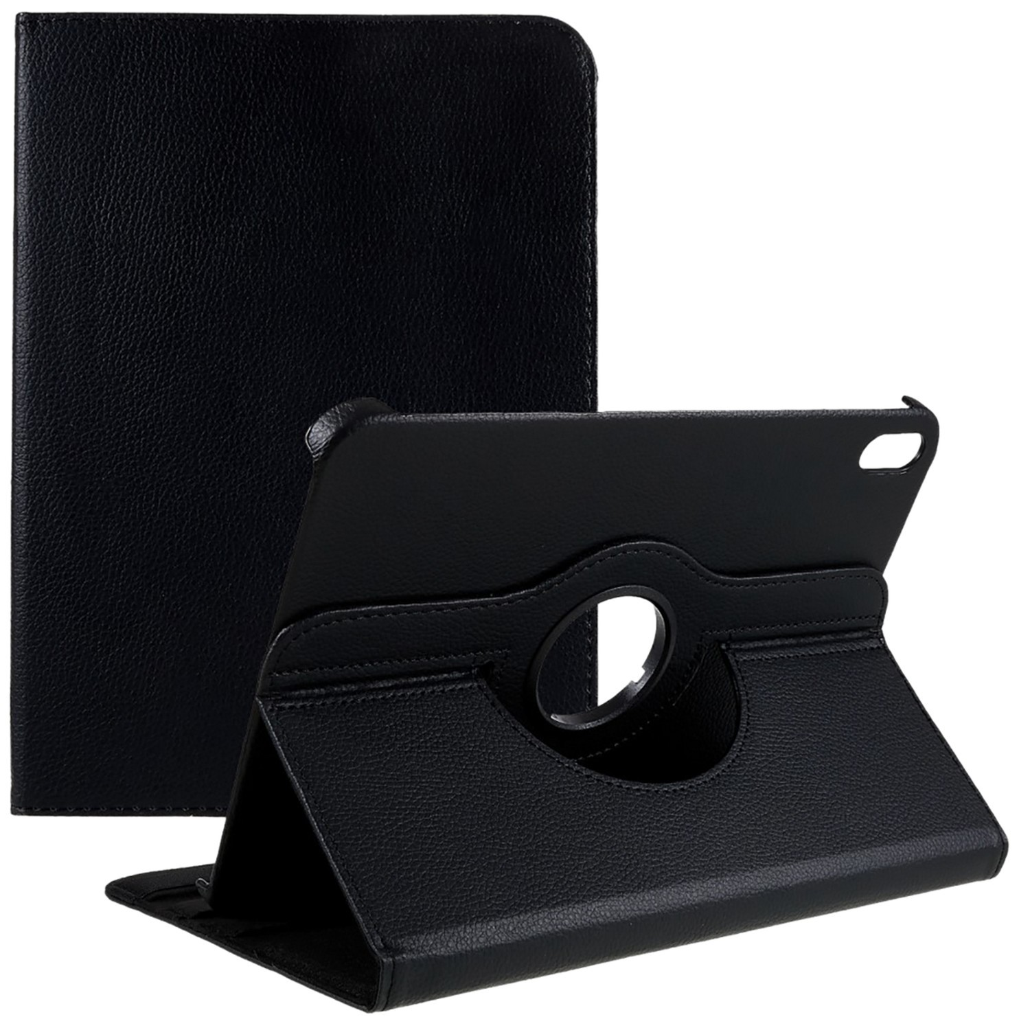 Étui noir pour tablette, ouvert, avec tablette à l'intérieur. Le fond a un étui fermé.