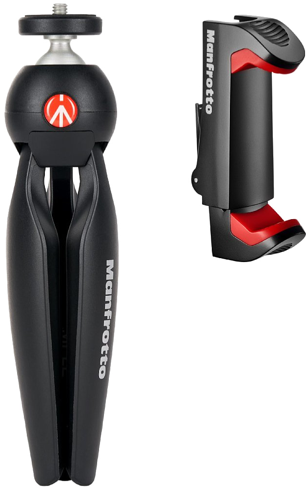 Egy fekete Manfrotto mini állvány és egy telefontartó. Az állvány kompakt, piros részletekkel és gömbfejjel.