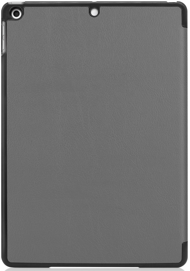 Gray tablet case, back view, with a camera hole and a textured gray surface. Black border.